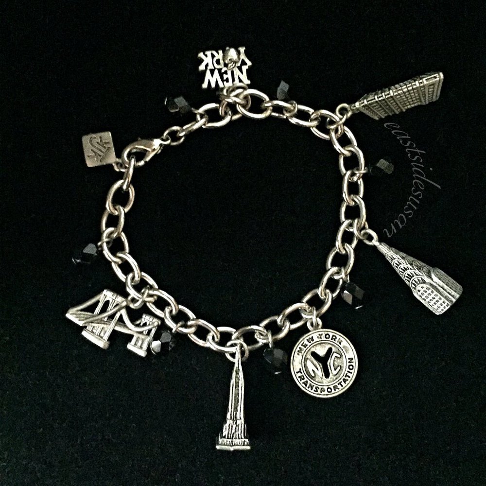 VTG Charm Bracelet KJK NYC New York Silver Icons CHRYSLER Empire State MTA Token